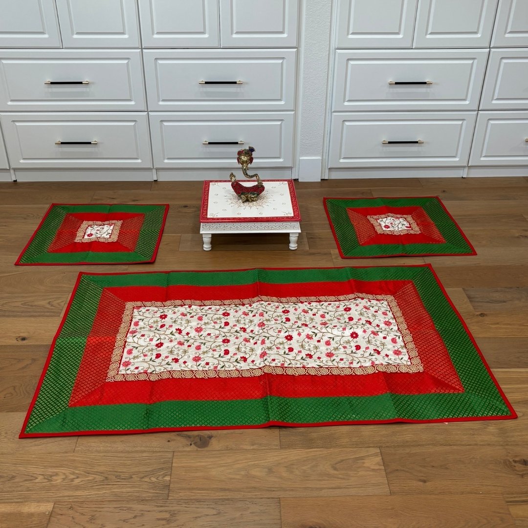 Green Floral Banarasi brocade pooja aasan set with red border — runner + 24x24 square mats for puja