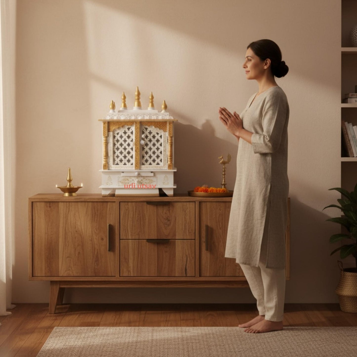 Woman praying in a room with a wooden pooja mandir by urli utsav decor