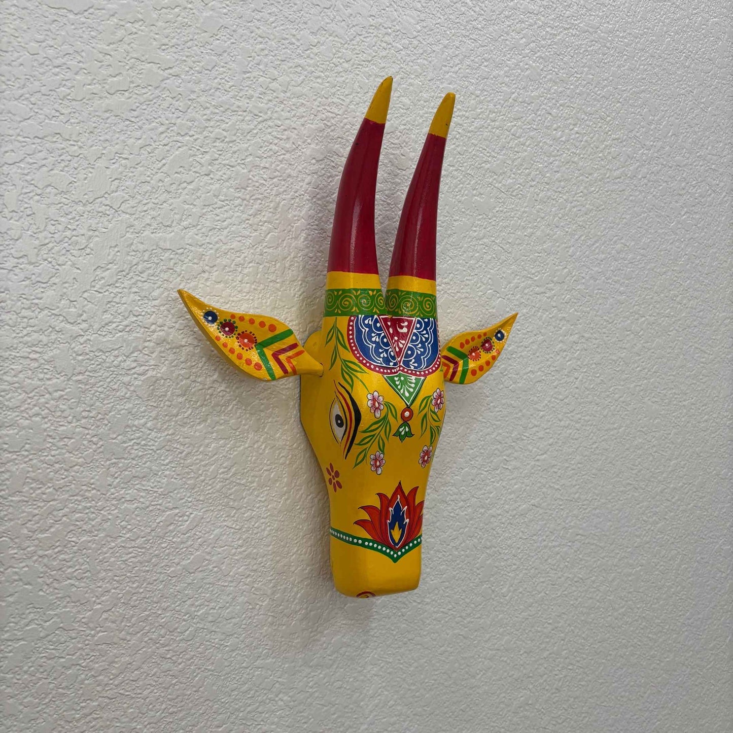 Hand-Painted Yellow Wooden Nandi Cow Head – Sacred Indian Wall Art by Urli Utsav