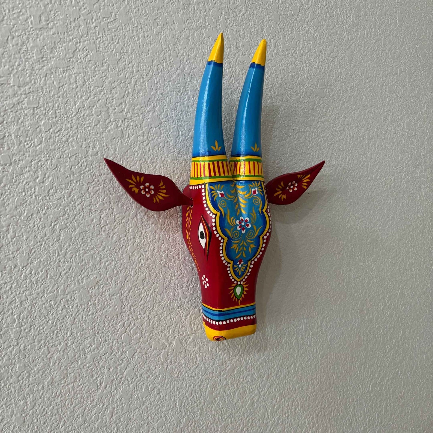 Handcrafted Red Indian Nandi Cow Head Sculpture – Traditional Wall Art by Urli Utsav