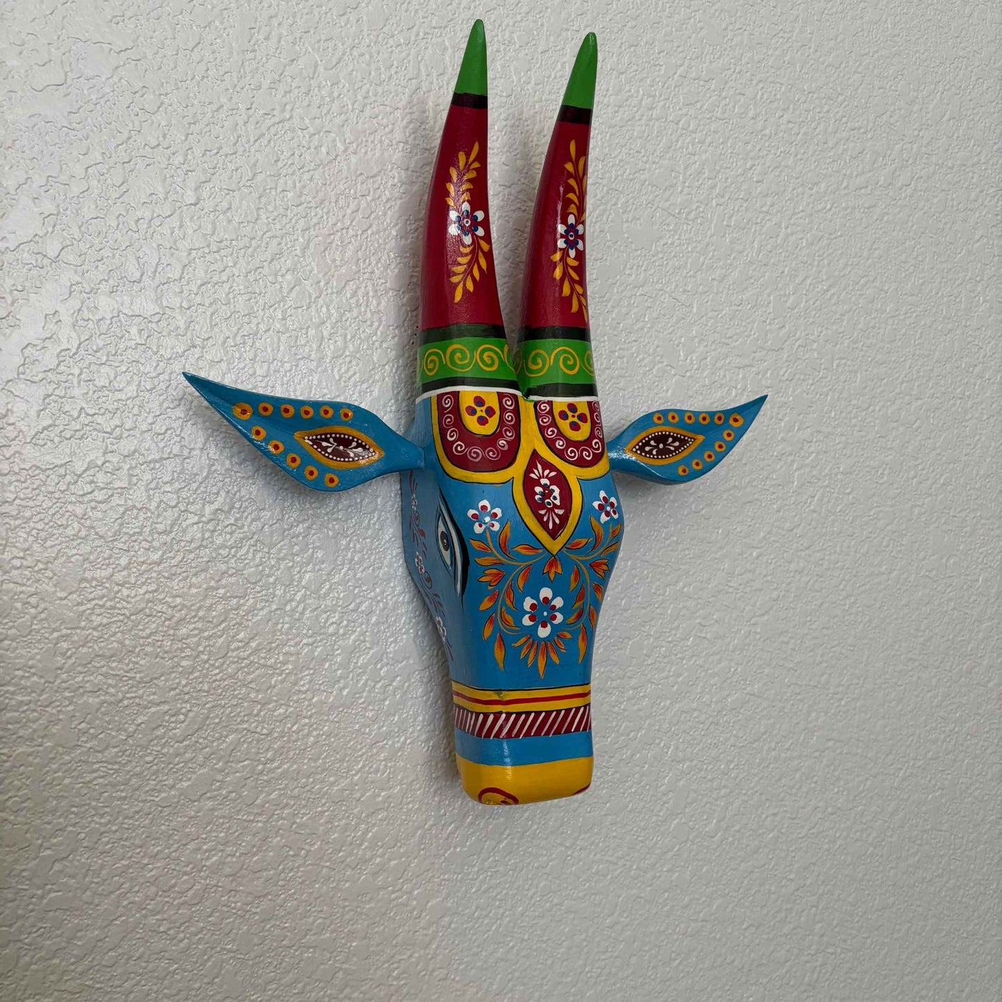 Ethnic Blue Indian Nandi Cow Head Sculpture – Wooden Wall Art by Urli Utsav