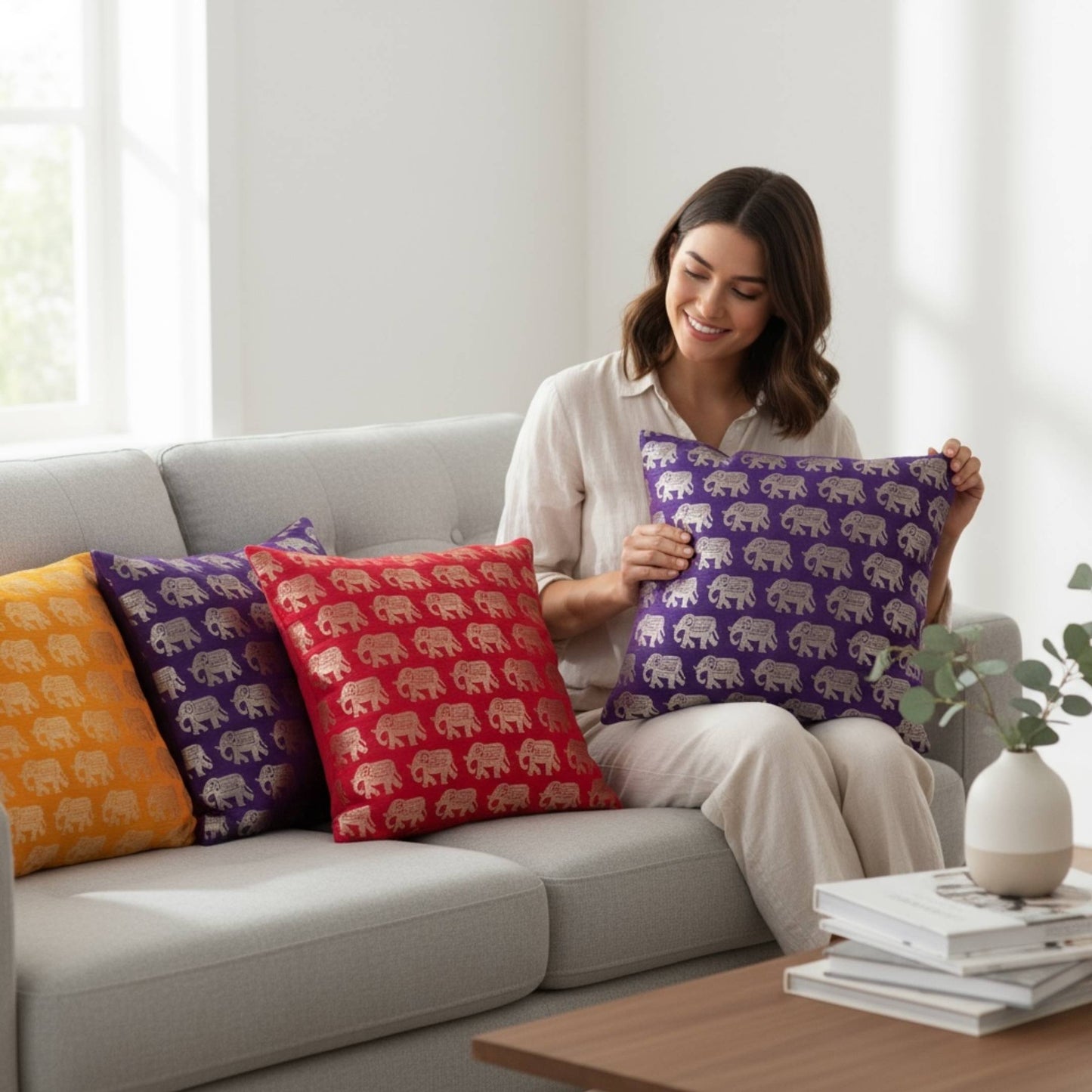 Woman holding a purple pillow with elephant pattern on a gray sofa