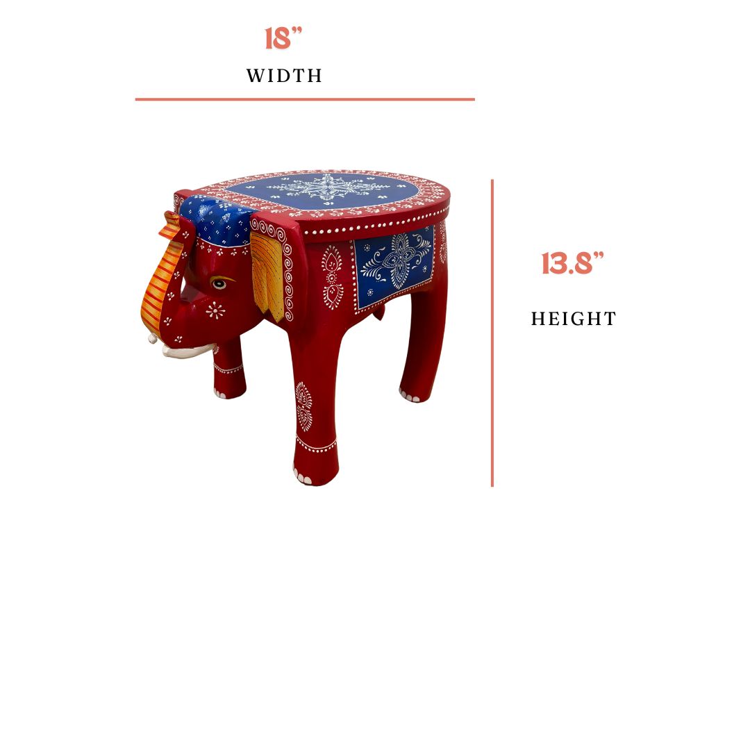 Dimensions of the wooden elephant stool highlighting its use as functional decor, 14 inch height, 18 inches wide and 13 inches side width