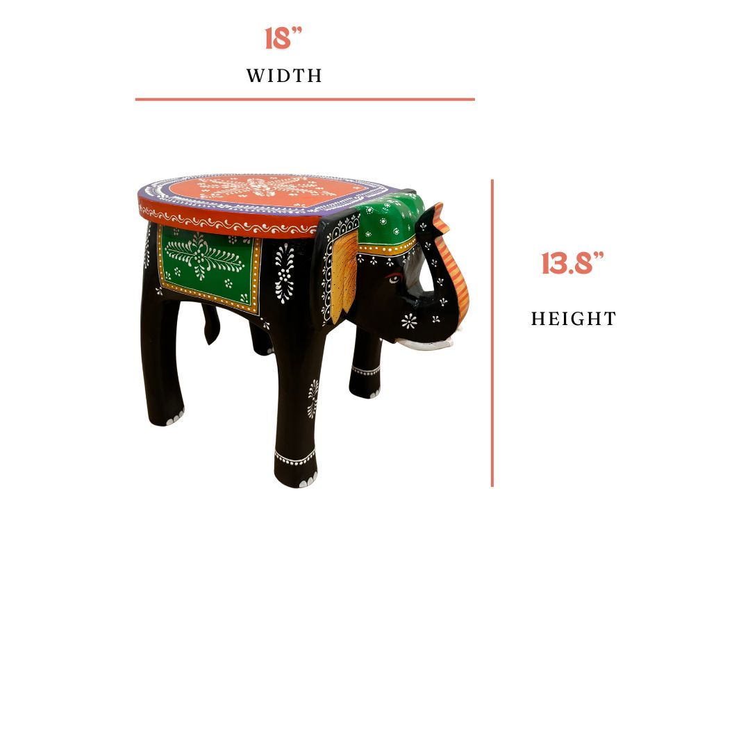 Dimensions of the wooden elephant stool highlighting its use as functional decor