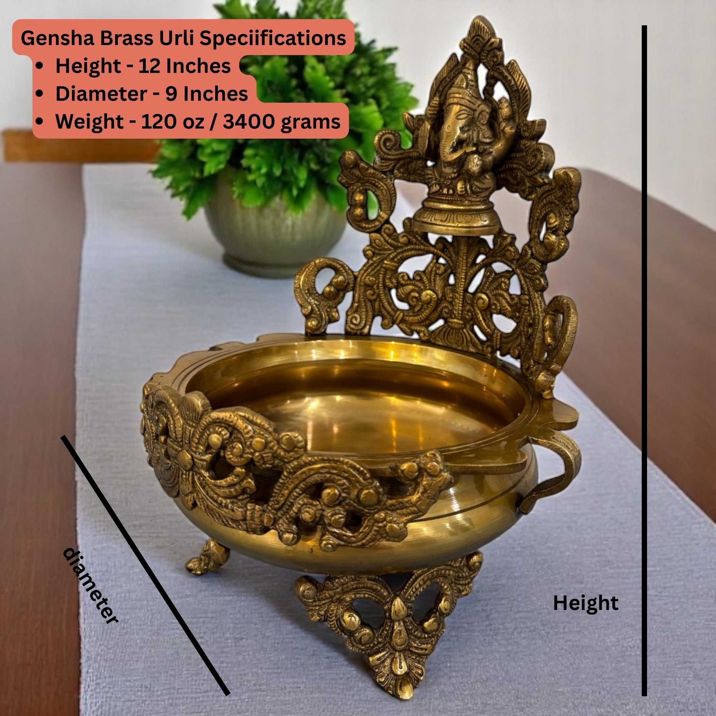 Side perspective revealing the depth and three-dimensional texture of the brass urli bowl, emphasizing its robust construction and ornate design