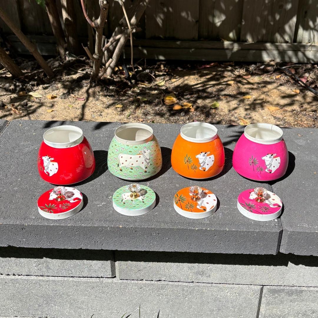 Set of colorful metal pichwai jars ideal for Diwali, Golu, Navratri, Housewarming gifting, Bulk gifting