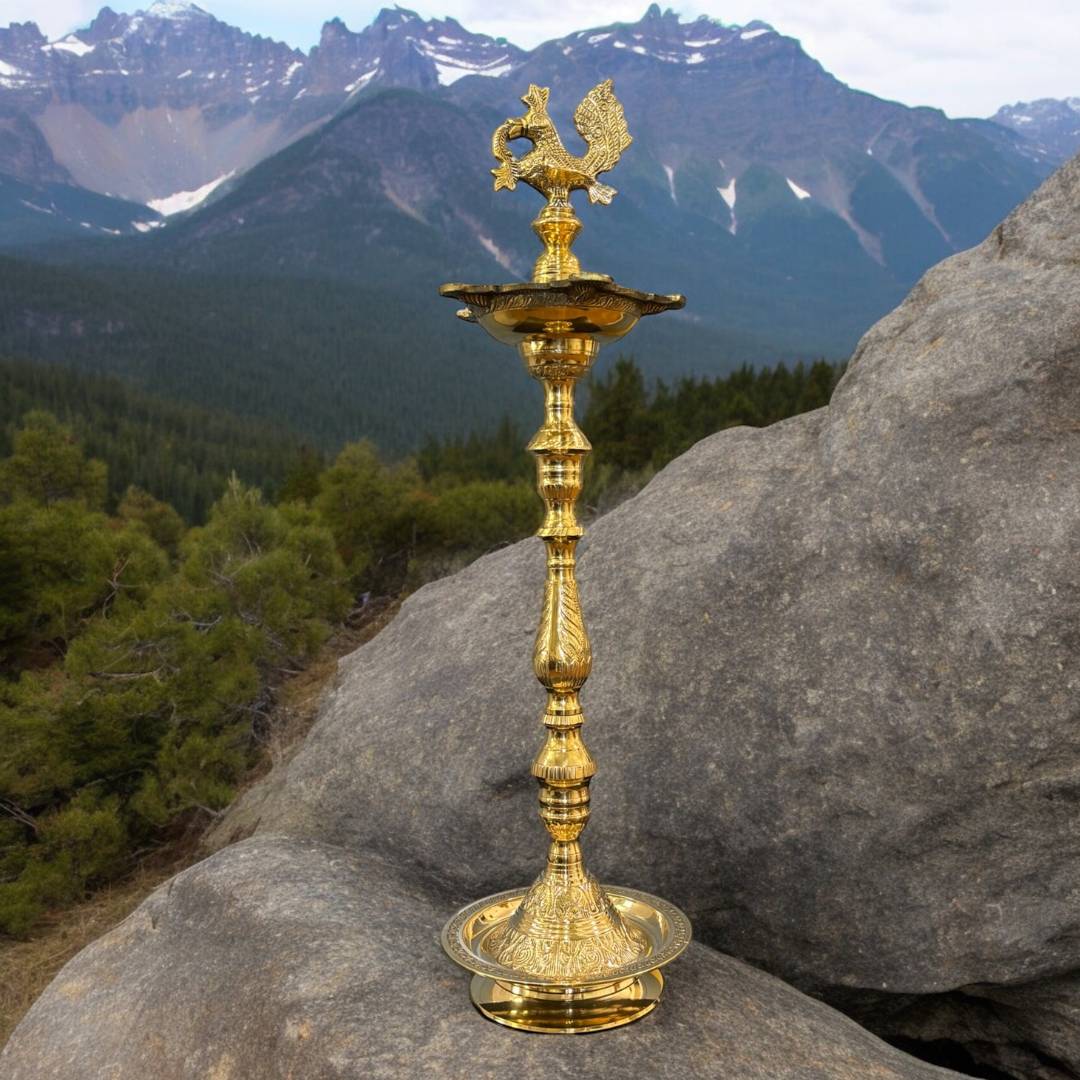 36 Inches Tall Brass Mahabharat Kuthu Vilakku Diya Oil Lamp standing tall, showcasing intricate engravings; ideal for Nilavilakku decor and pooja items