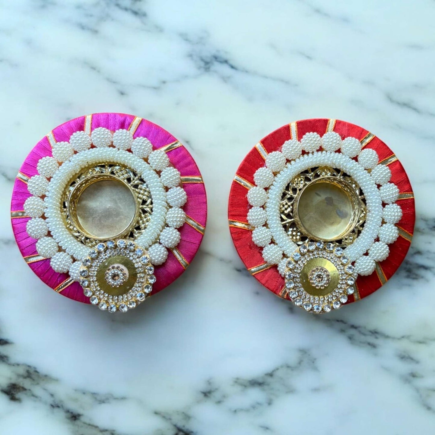 Set of 2, Red and Pink Pearl Beaded T-Light Holder