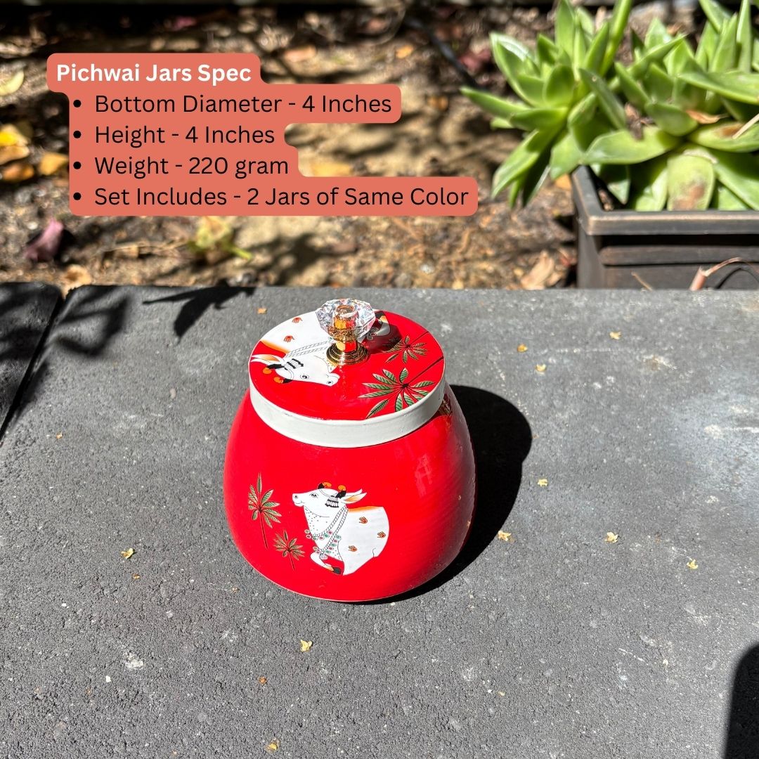 Red jar with pichwai cow design with jar specifications.