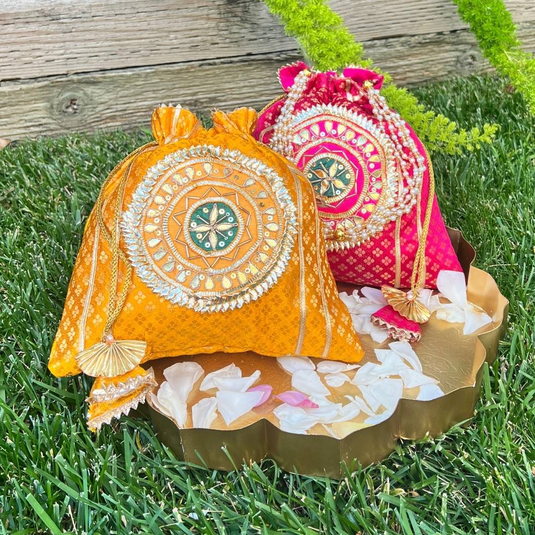 Designer Pink & Yellow Pearl Potli Bag Set of 2 | Bandhani Wedding Favor, Bridesmaid Gift, Jewelry Pouch, Indian Clutch, Festive Wristlet