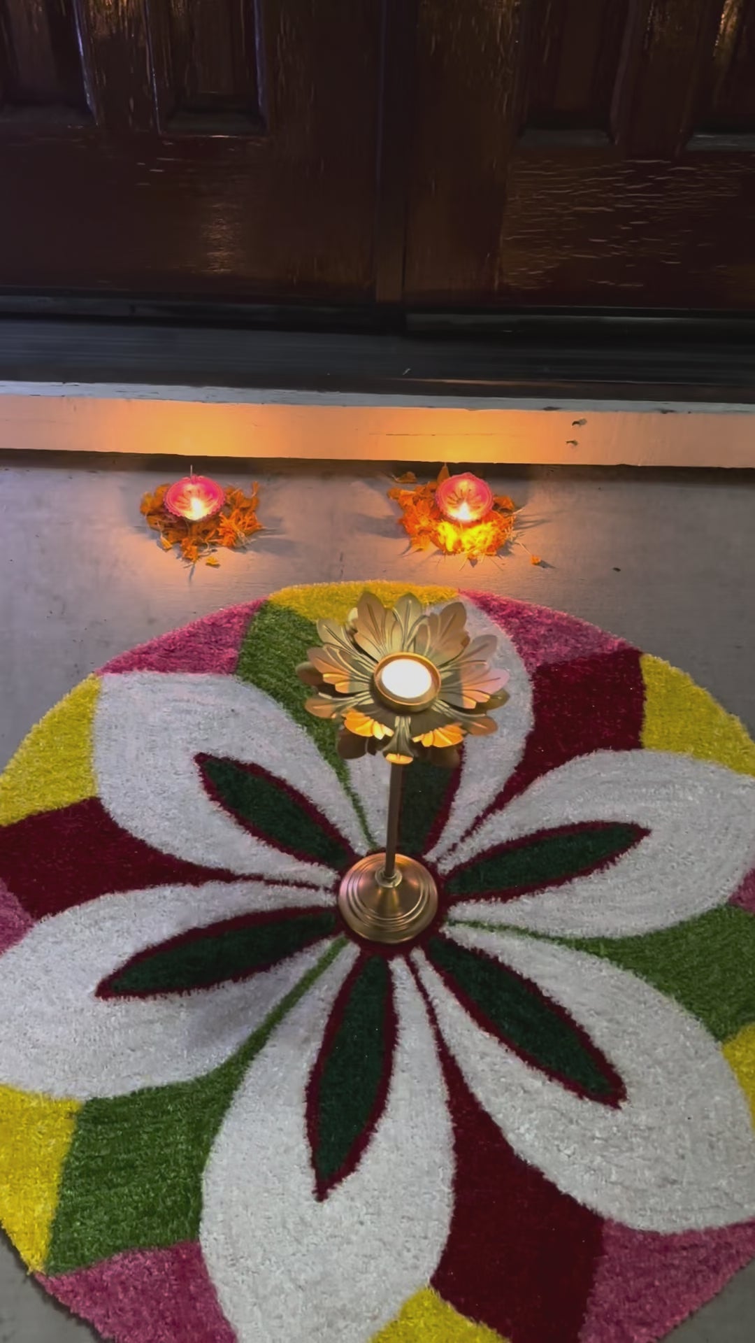 video of rangoli mat by urli utsav decor, 10 rangoli mat showcasing use in Diwali, Ganesh Chaturthi, Varlaxmi Vrat, Golu Poojan, and even everyday decor.  Crafted for beauty. Designed for tradition.