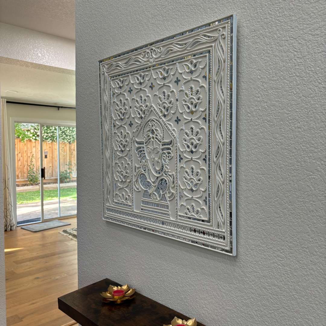 23x23-Inches White Ganesha Lippan Wall Art