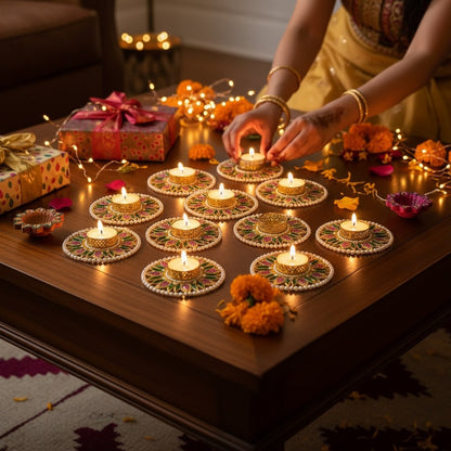 Nine pearl and gold t-light holders with floral embroidery arranged on a dark wood coffee table, lit with tea lights beside wrapped gifts and marigolds