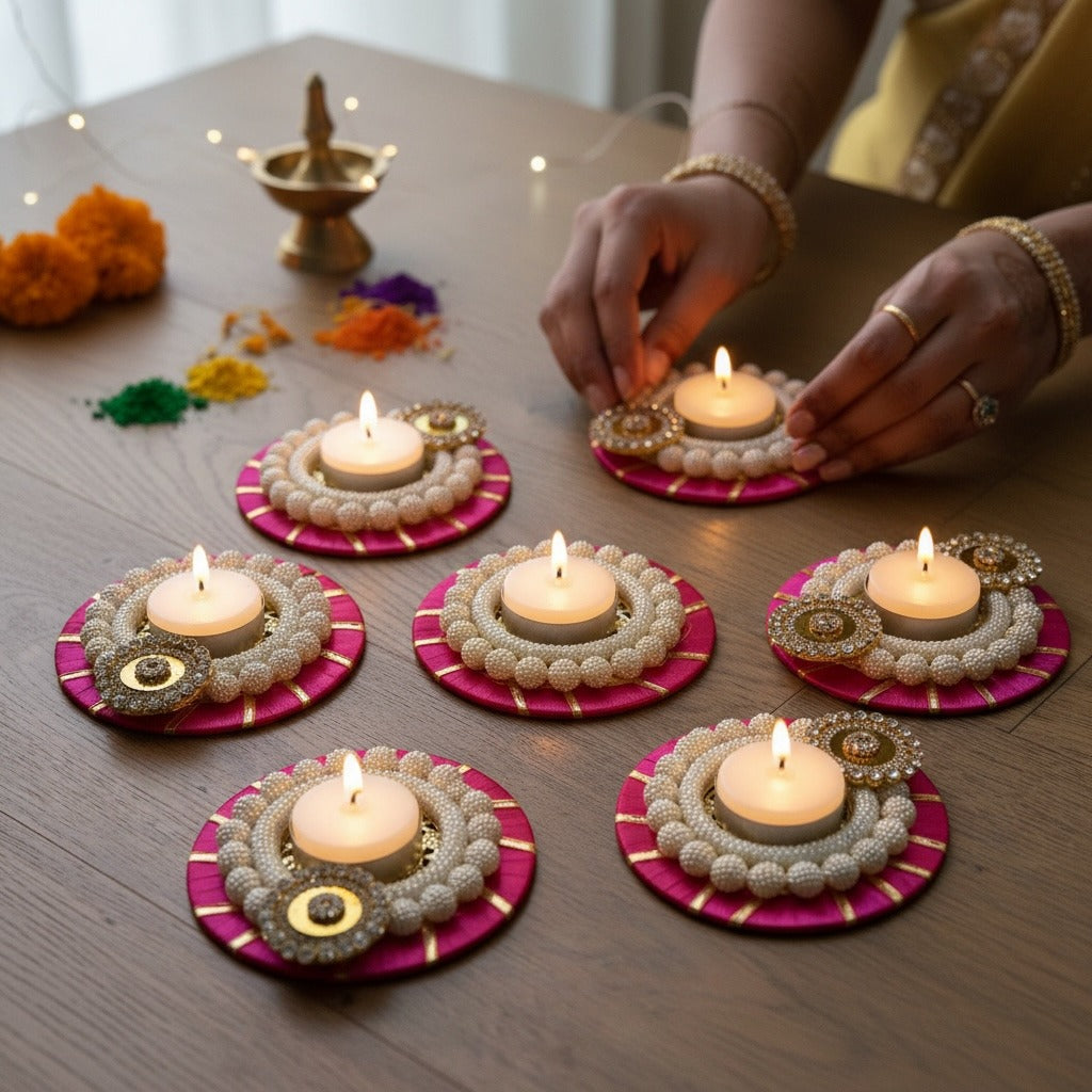 Seven pink and pearl beaded t-light holders with gold accents, lit and arranged on a table with a brass lamp and coloured rangoli powder
