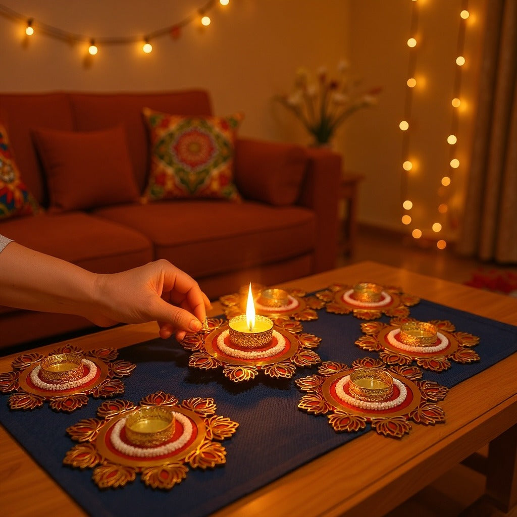 Six gold and red lotus rangoli t-light holders lit on a navy runner, with string lights and a patterned cushion behind