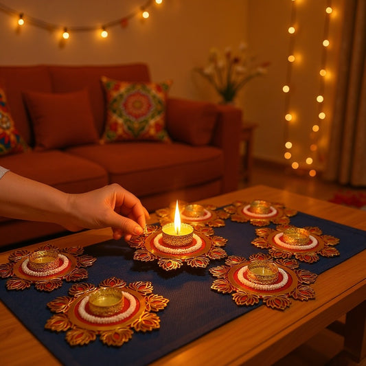 Six gold and red lotus rangoli t-light holders lit on a navy runner, with string lights and a patterned cushion behind
