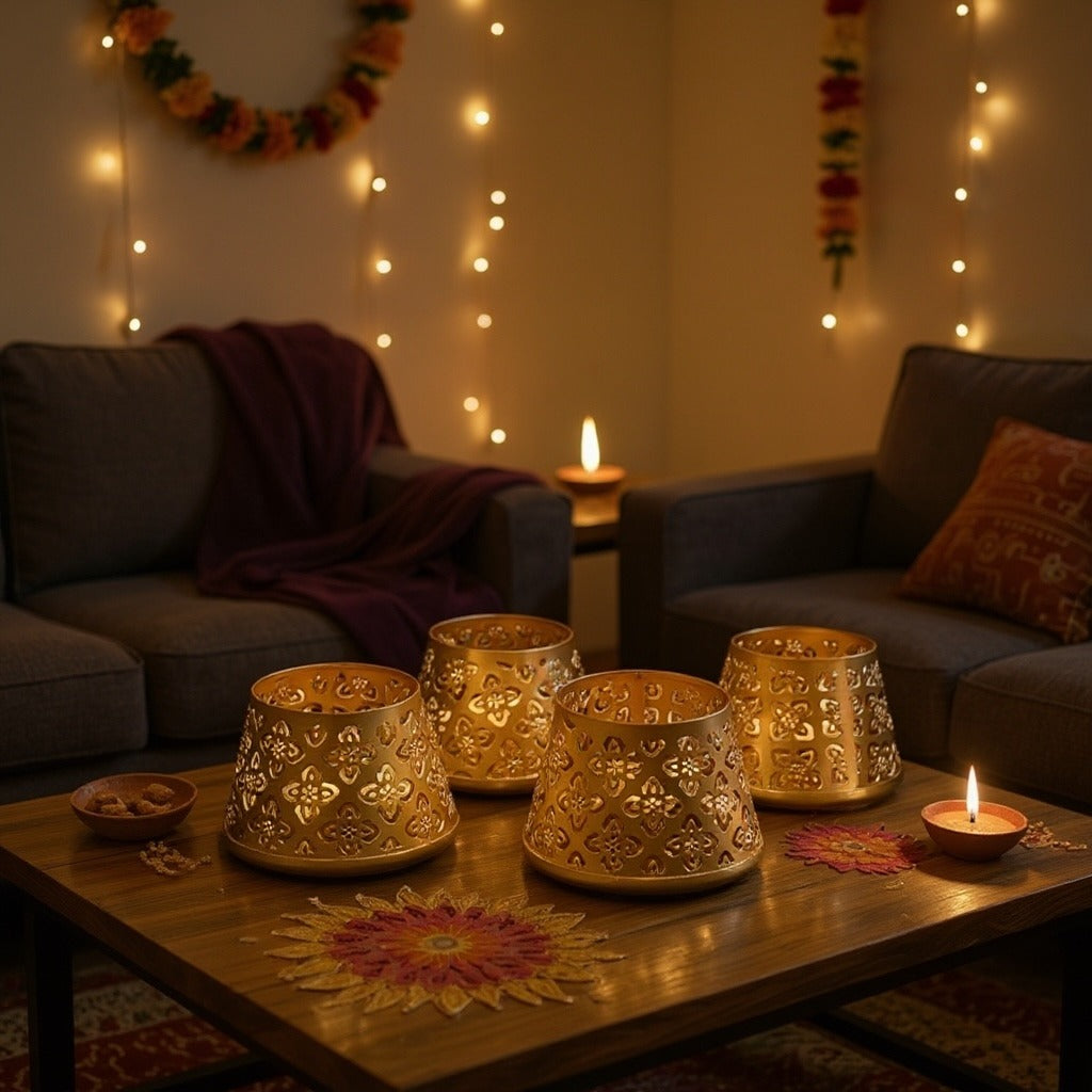 Five tapered gold jali lanterns with cutwork patterns on a wooden coffee table, glowing against string lights and marigold garlands