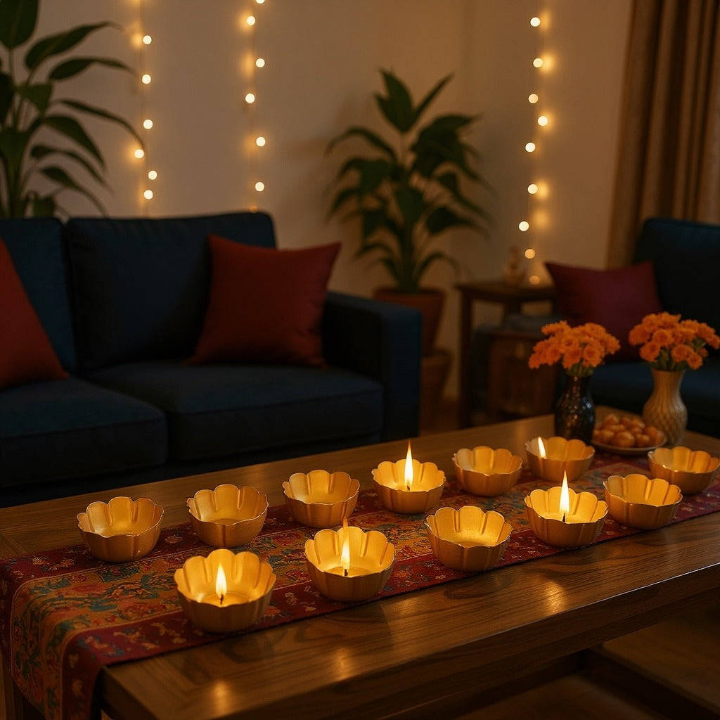 Eleven gold scalloped bowl t-light holders lit along a patterned table runner with marigolds and a dark blue sofa behind
