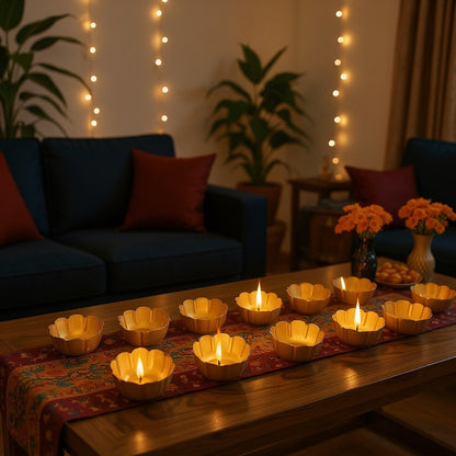 Eleven gold scalloped bowl t-light holders lit along a patterned table runner with marigolds and a dark blue sofa behind