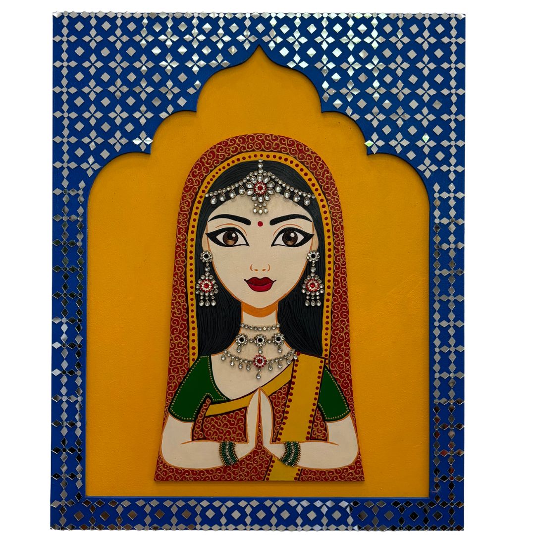 20x16-Inches Welcome Female Lippan Jharokha Wall Art