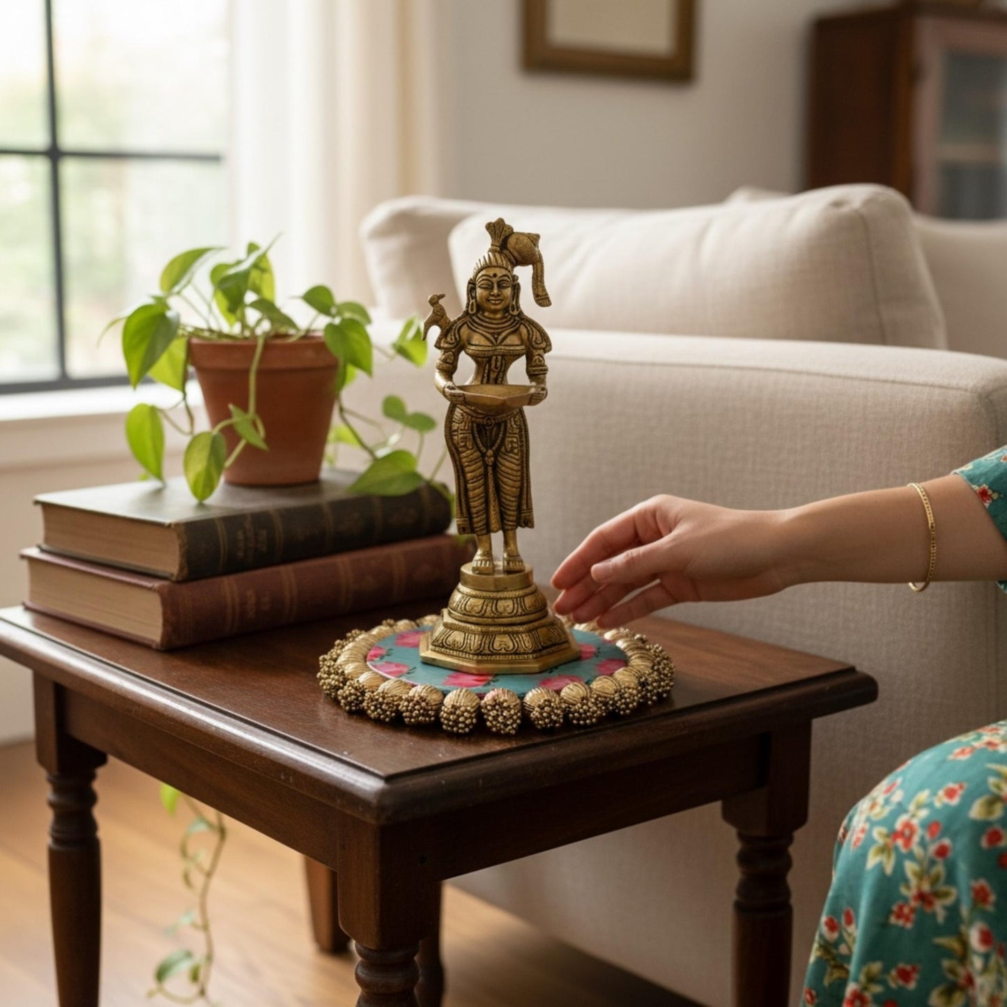 Brass deity idol standing on a teal Patola brocade mat with a gold beaded border, on a dark wooden side table.