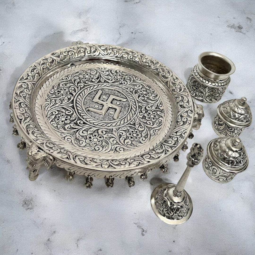 11-Inches German Silver Pooja Thali Set - Urli Utsav