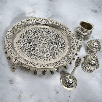 11-Inches German Silver Pooja Thali Set - Urli Utsav