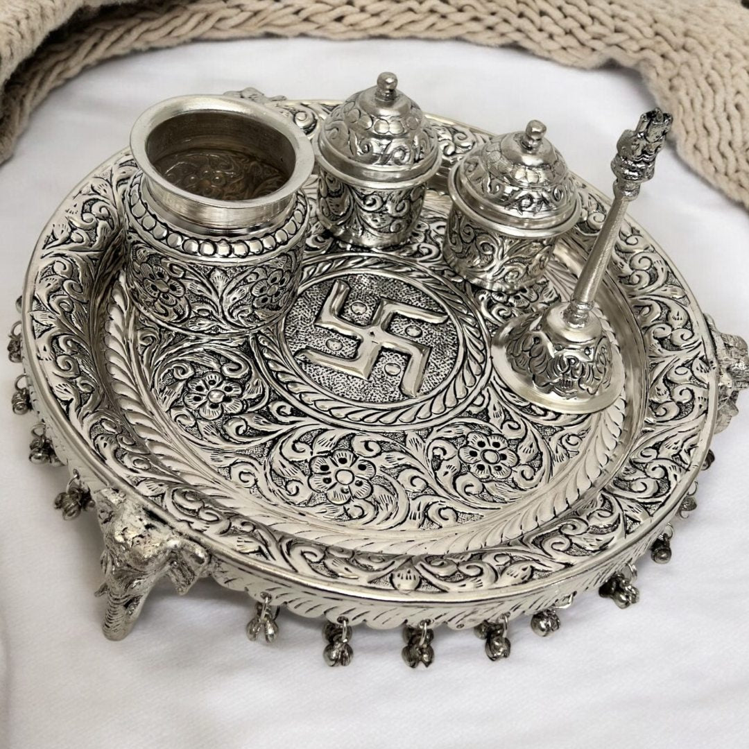 11-Inches German Silver Pooja Thali Set - Urli Utsav