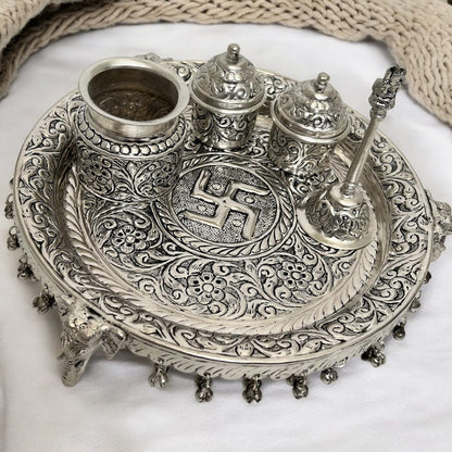 11-Inches German Silver Pooja Thali Set - Urli Utsav