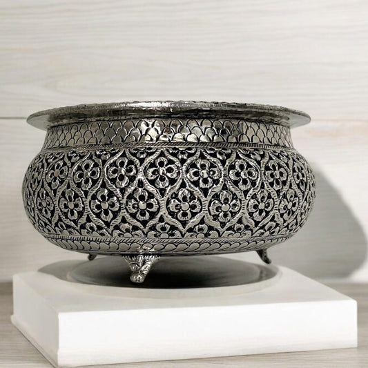 Flower Engraved Urli  - Antique Silver Bowl from Urli Utsav