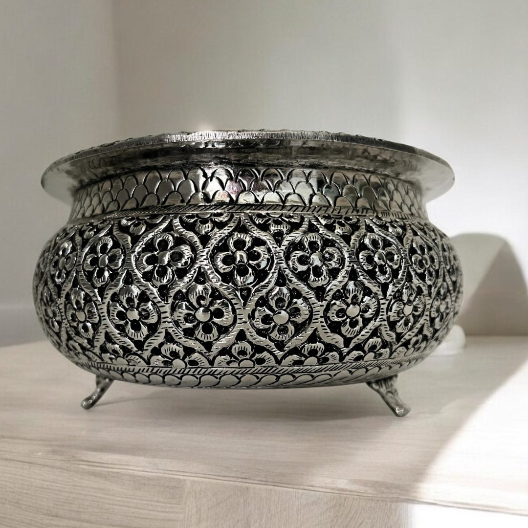 Flower Engraved Urli  - Antique Silver Bowl from Urli Utsav