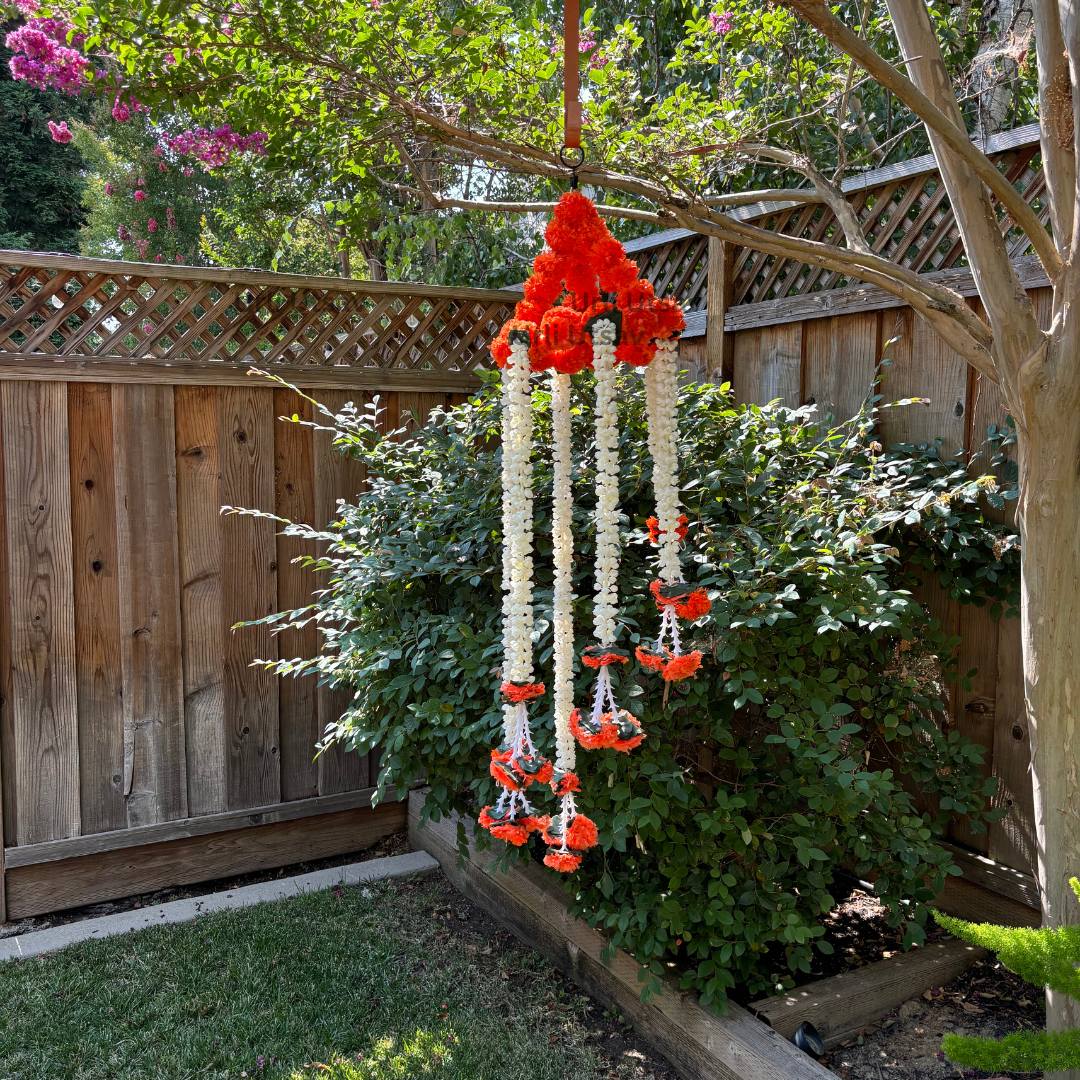 4FT Artificial Mogra Chandelier with Orange Florals & Leaves