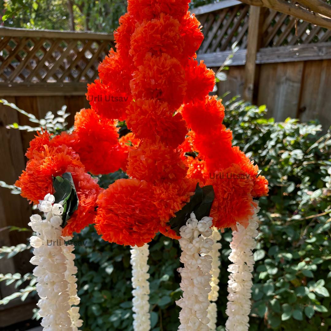 4FT Artificial Mogra Chandelier with Orange Florals & Leaves