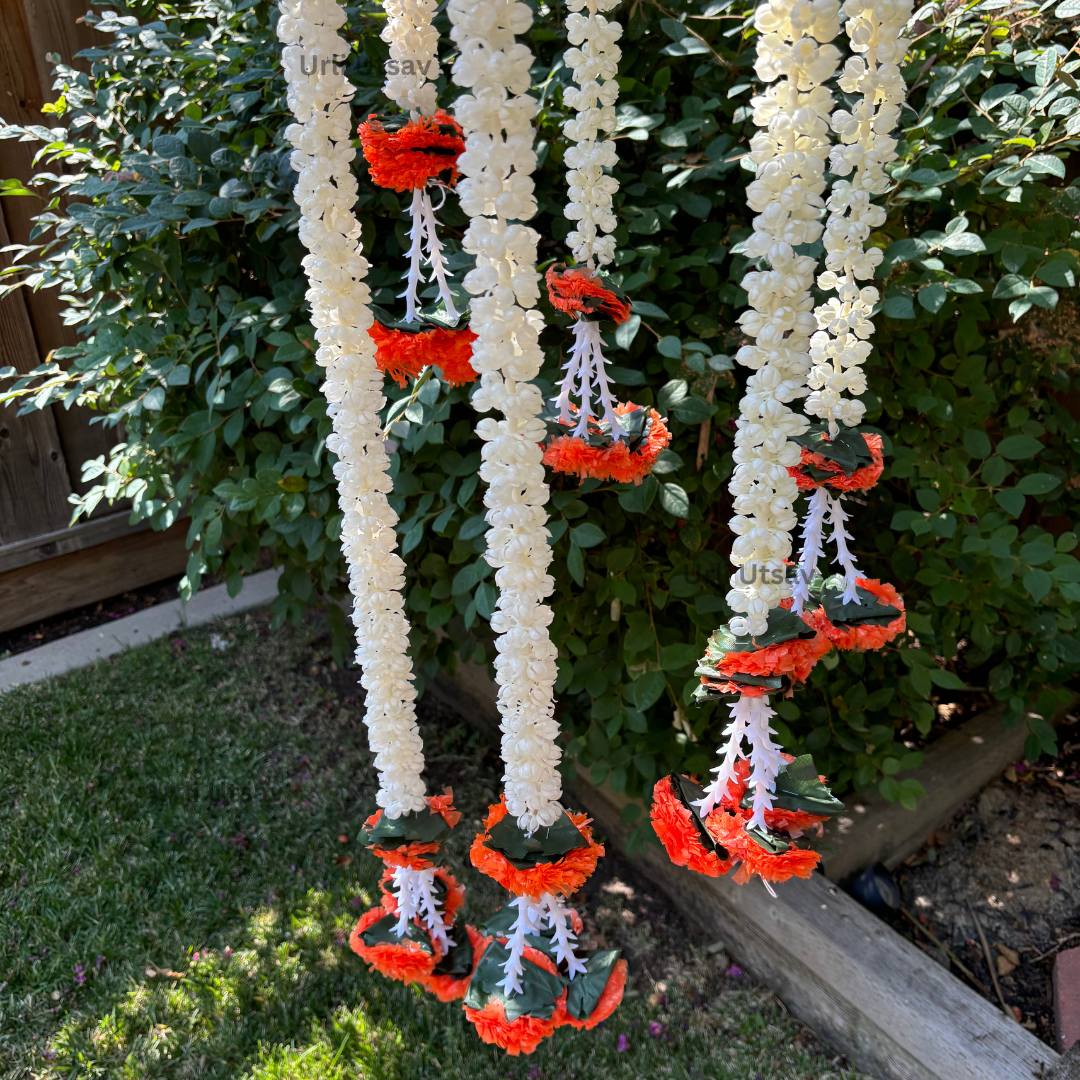 4FT Artificial Mogra Chandelier with Orange Florals & Leaves