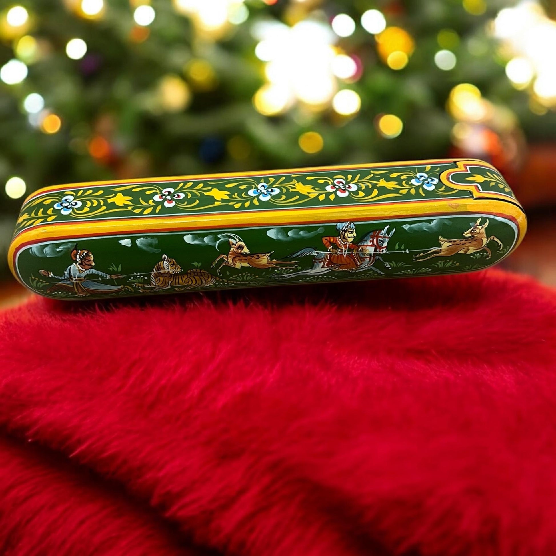 Lightweight wooden pencil box with hand-painted details and vibrant colors.