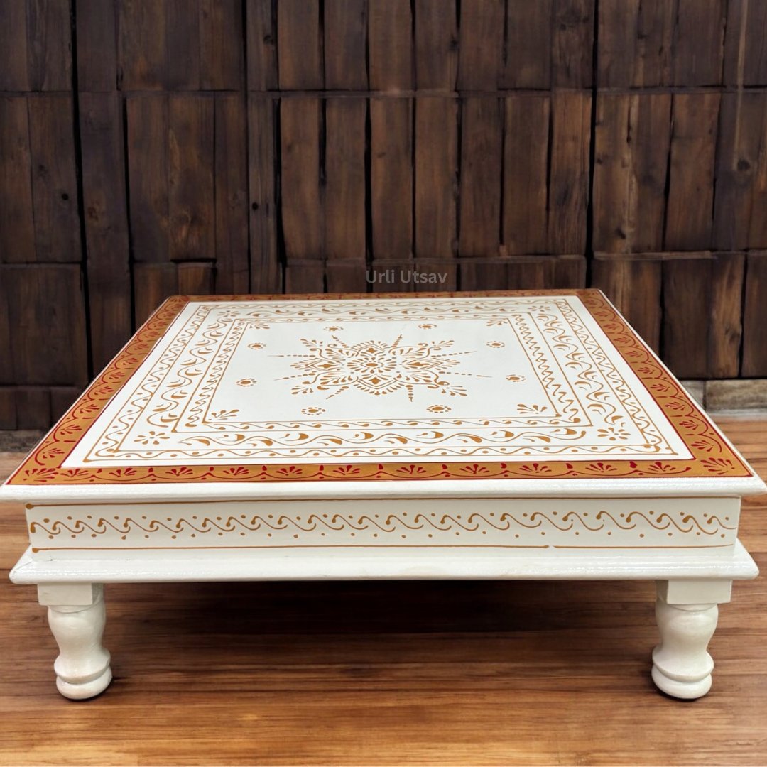 Wooden White Pooja Chowki - Gold Boarder Bajot - Urli Utsav