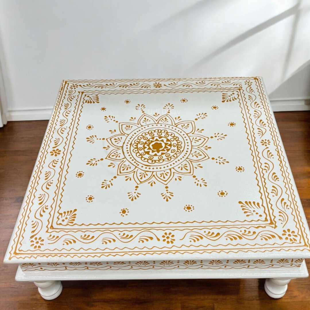  Wooden Pooja Chowki/Bajot - White + Gold - Urli Utsav