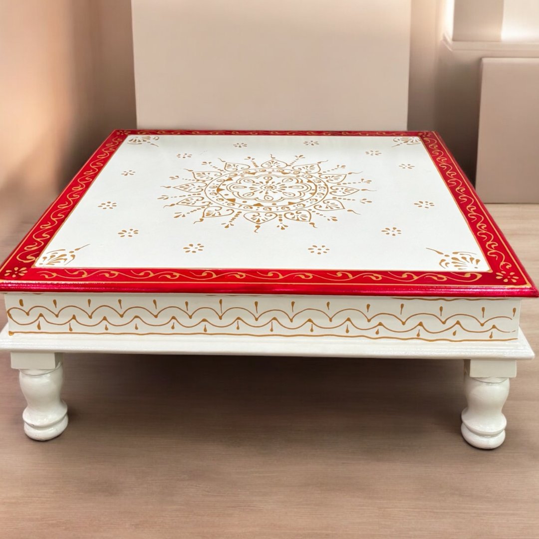 Wooden Pooja Chowki/Bajot - White + Red - Urli Utsav