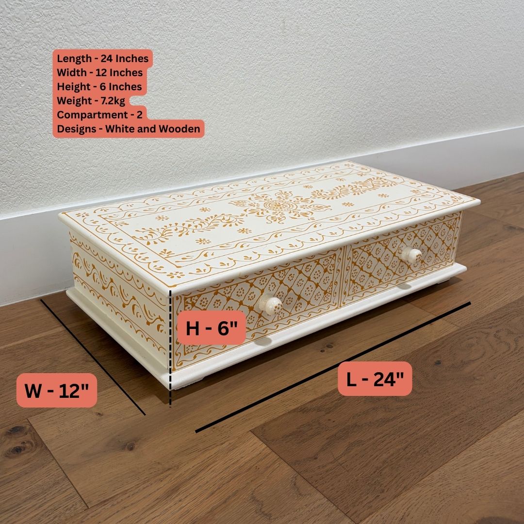 Pooja Bajot with Measurements – Black & Gold or White & Gold, Compact 24"x12"x6" Handcrafted Wooden Chowki
