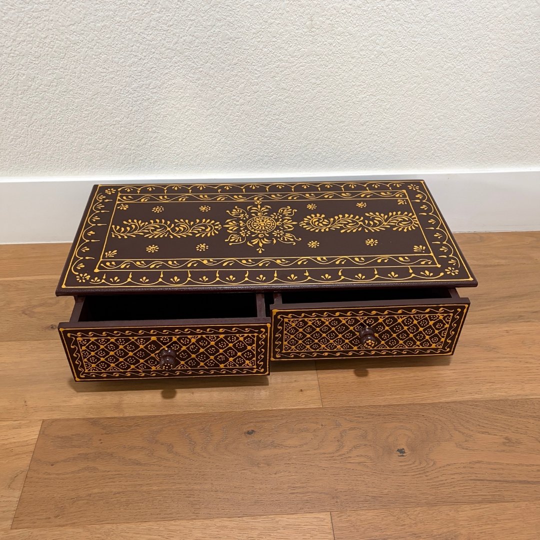 Black & Gold Hand-Painted Pooja Bajot with Storage Drawers – Compact & Durable Wooden Chowki for Pooja or Meditation
