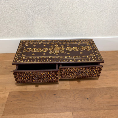 Black & Gold Hand-Painted Pooja Bajot with Storage Drawers – Compact & Durable Wooden Chowki for Pooja or Meditation