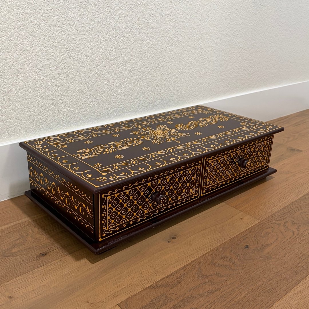 Close-Up of Black & Gold Hand-Painted Pooja Bajot – Detailed Embossed Finish, Perfect for Mandir Elevation