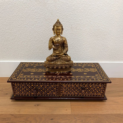 Decorative Black & Gold Pooja Bajot with Buddha Statue – Elegant Handcrafted Mango Wood Chowki for Pooja