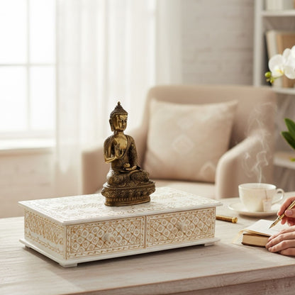 Lifestyle Image – White & Gold Pooja Bajot with Buddha Statue in Living Room Setting, Elegant Mandir Decor