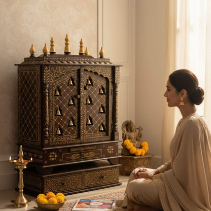 Decorative Black & Gold Pooja Bajot with Buddha Statue – Elegant Handcrafted Mango Wood Chowki for Pooja