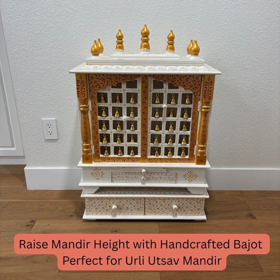 White & Gold Pooja Bajot Displayed with Shelves – Stylish Mandir or Meditation Table Accent