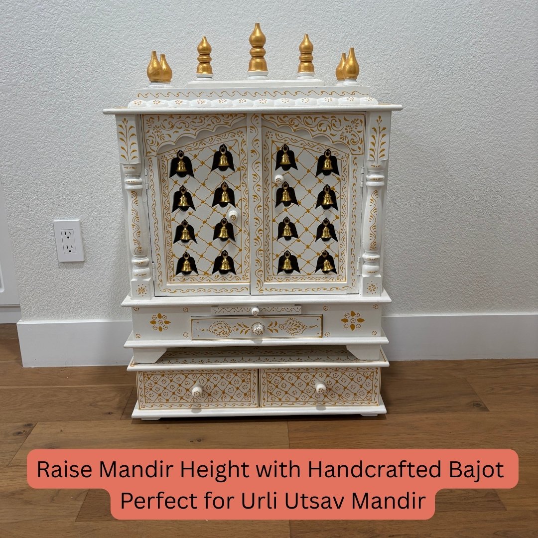 White & Gold Pooja Bajot Displayed with Shelves – Stylish Mandir or Meditation Table Accent