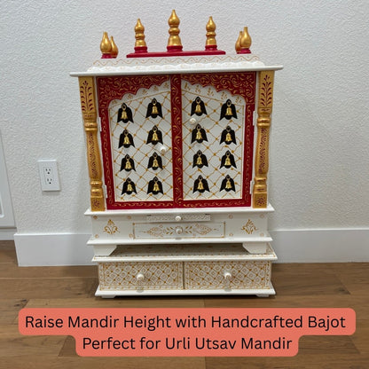 White & Gold Pooja Bajot Displayed with Shelves – Stylish Mandir or Meditation Table Accent