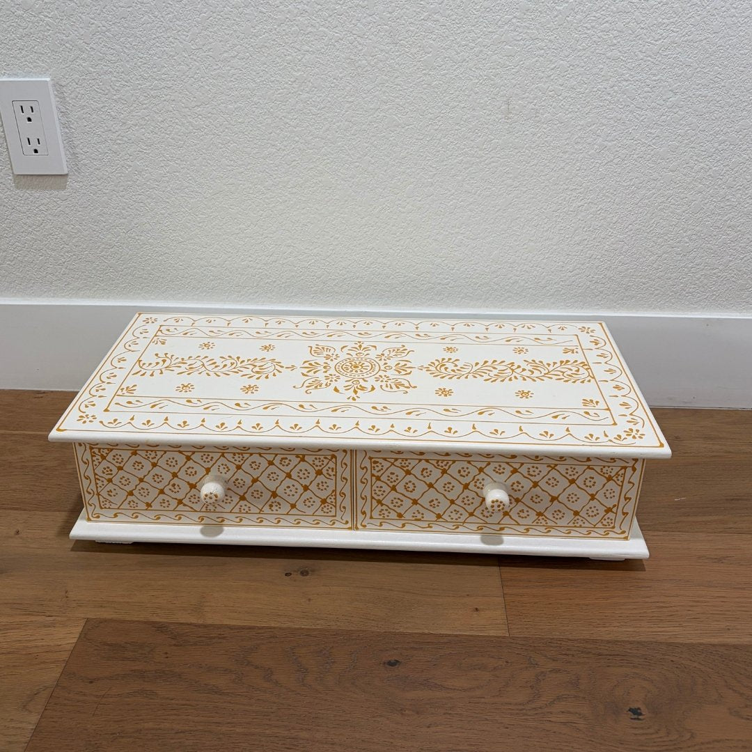 Top View of White & Gold Pooja Bajot – Two Storage Drawers for Pooja Essentials, Hand-Painted Wooden Chowki