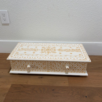 Top View of White & Gold Pooja Bajot – Two Storage Drawers for Pooja Essentials, Hand-Painted Wooden Chowki